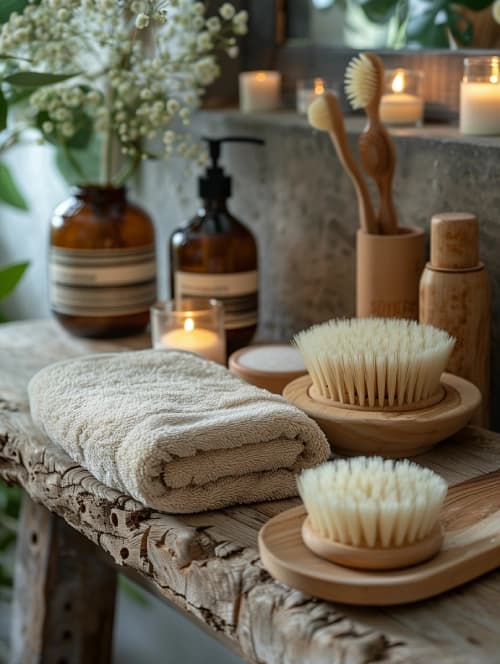 Spa towels, brushes, and treatment bottles